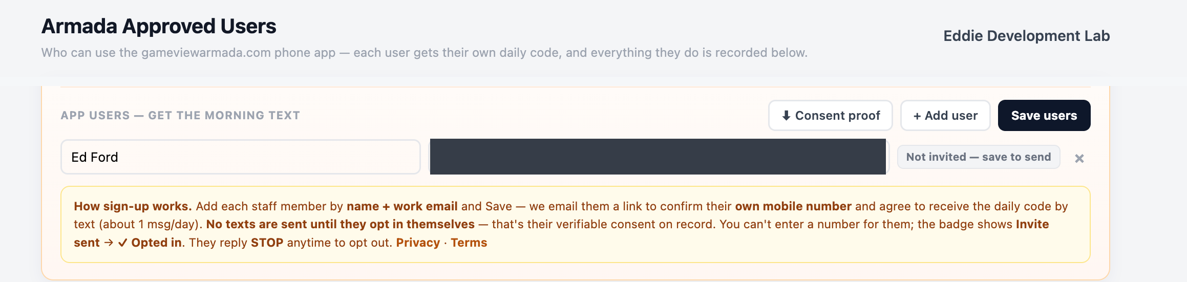 GameView Manager portal — Approved Users enrollment screen with SMS consent disclosure